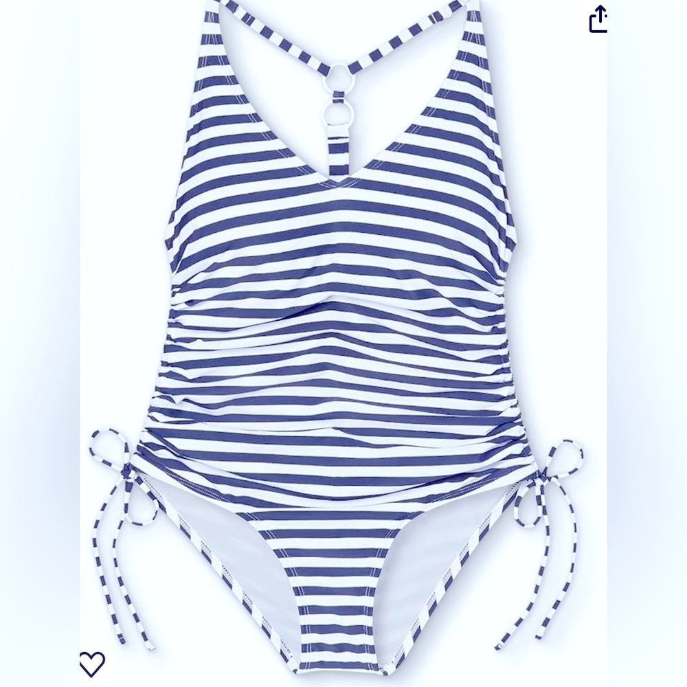 New. Palisades Beach Club Navy Blue & White Striped One-piece Swimsuit. Size L.